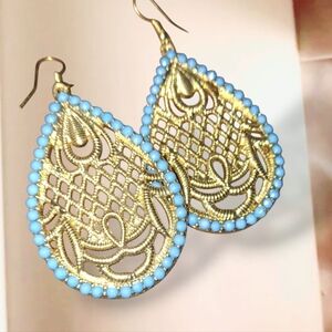 Drop Goldtone Filigree Cutout Blue Stone Statement Earrings